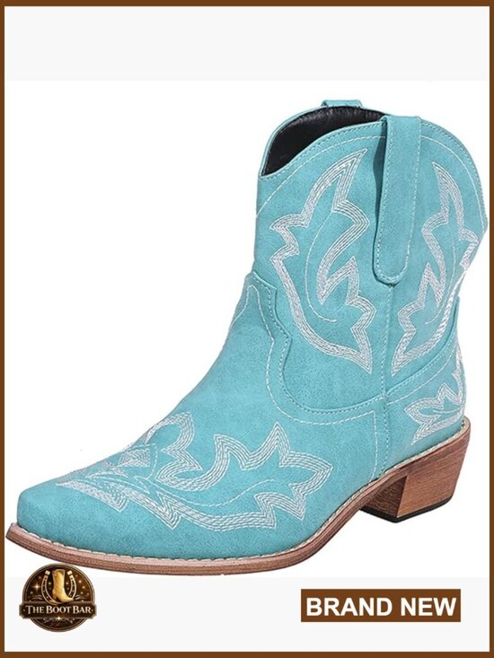 Shoes - Women's Suede Ankle Booties Pointed Toe Embroidered Western Cowgirl Boots